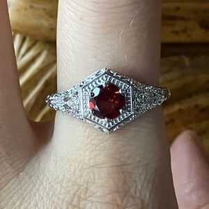 Natural Red Garnet Sterling Silver Art Deco Ring Size 9